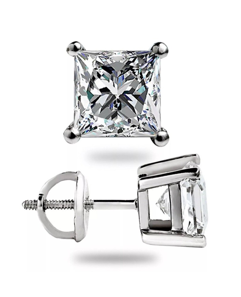 3Ct Princess Cut FL/D Lab Diamond Stud Earrings 14K White Gold 7mm