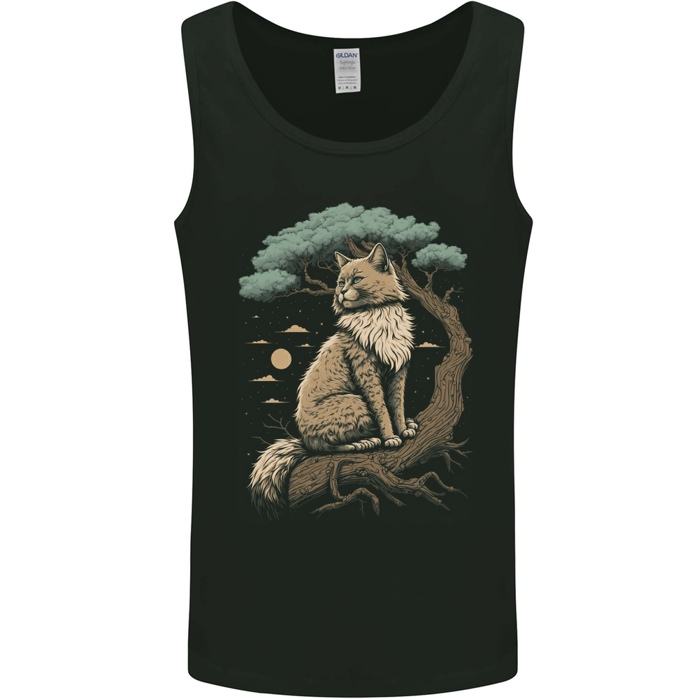 A Moon Cat Sitting on a Tree Fantasy Mens Vest Tank Top
