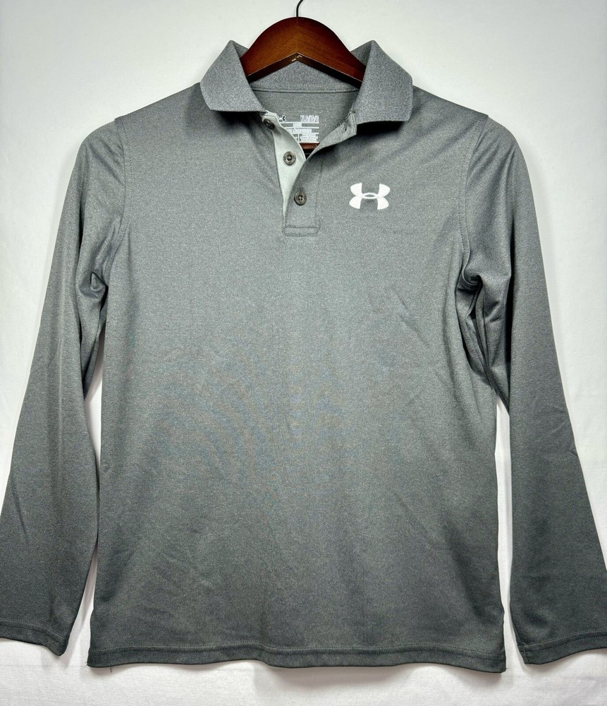 Under Armour Polo Shirt Long Sleeve Loose All Season Gray Golf Sz Youth Large