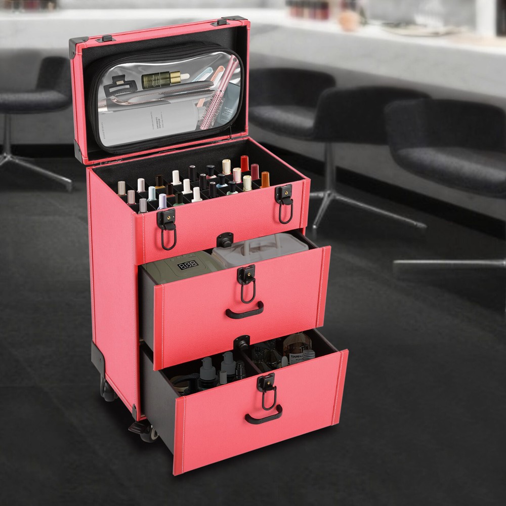 4-Wheel Rolling Makeup Trolley Case for Jewelry & Travel Cosmetics