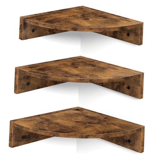 Corner Shelf Wall Mount, Set of 3 Floating Corner Shelves with Cord Brown