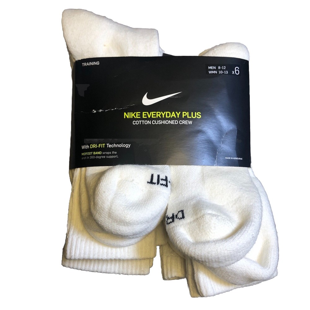 Nike Dri-Fit Men 8-12 Women 10-13 Cushioned Quarter Ankle Sock White NEW 6 Pairs