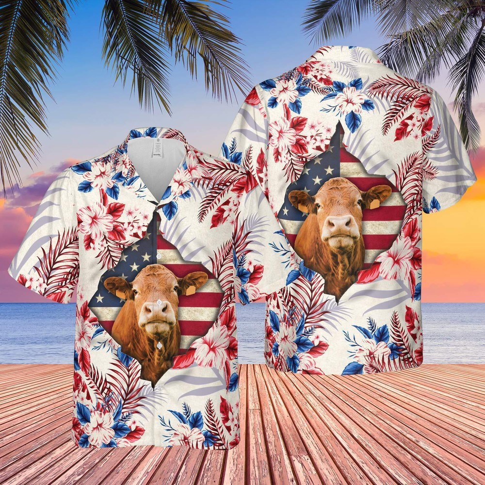 Red Angus Face 3D Hawaiian Shirt with Hibiscus Flower Print