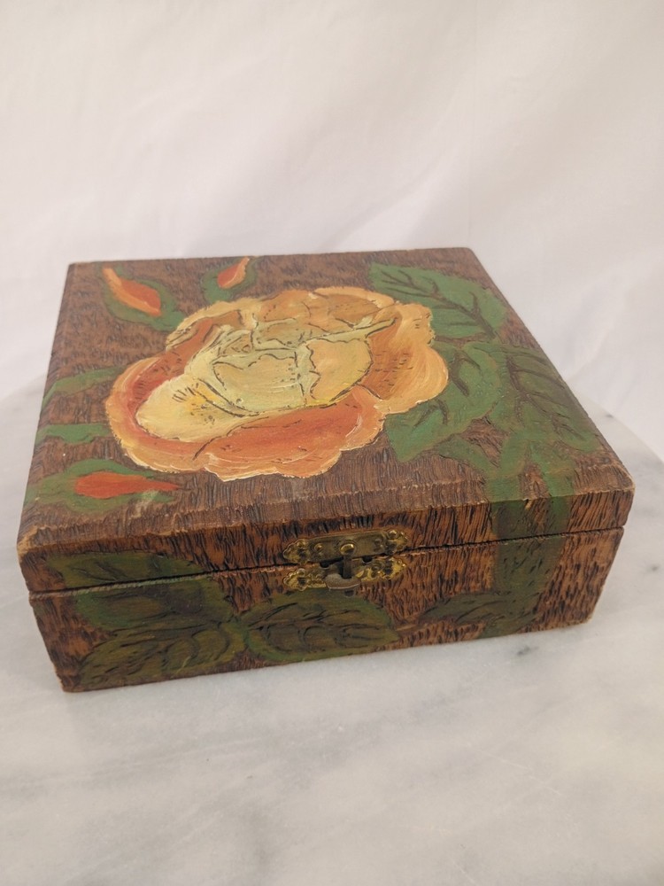 Vintage Flemish Art Pyrography 688 Floral  Wood Box With Hinges Lid Silk Lined