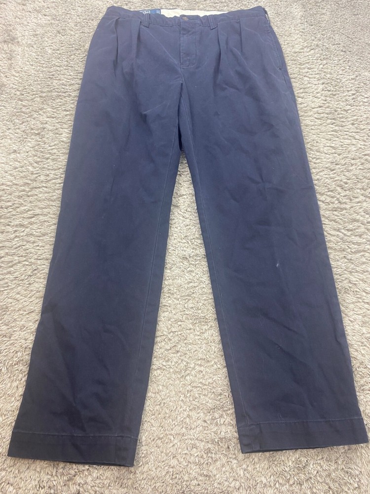 Polo Ralph Lauren Pants Mens 34x32 Ethan Navy Blue Pleated Chino Trousers Vtg