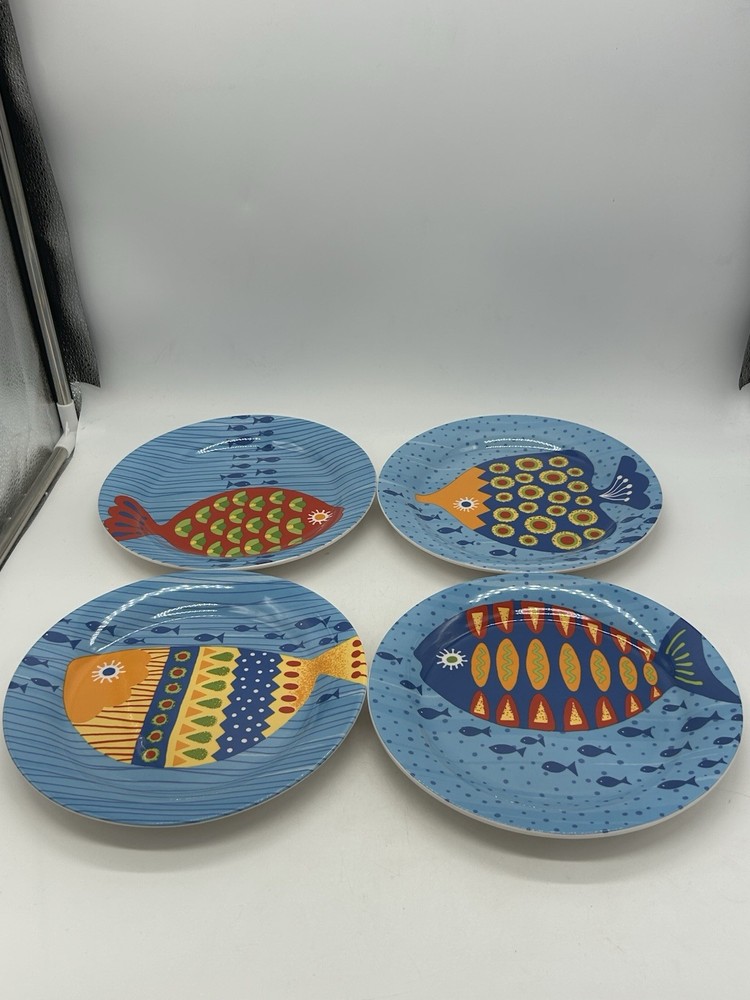 Pier 1 FISH GARDEN Multicolored Ironstone Salad Luncheon Plates (Set of 4)