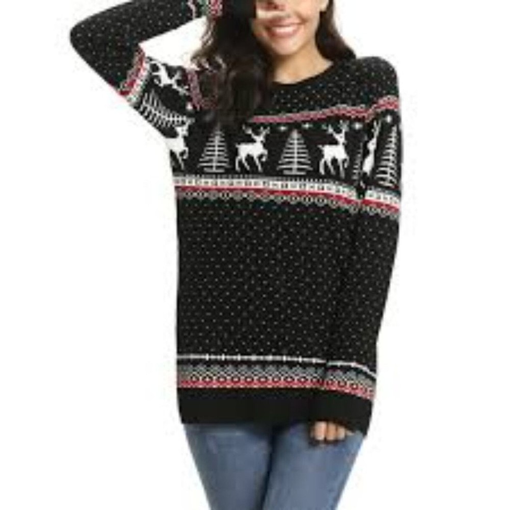 Black Knit Reindeer Tree Snowflake Ugly Holiday Christmas Sweater Size Small