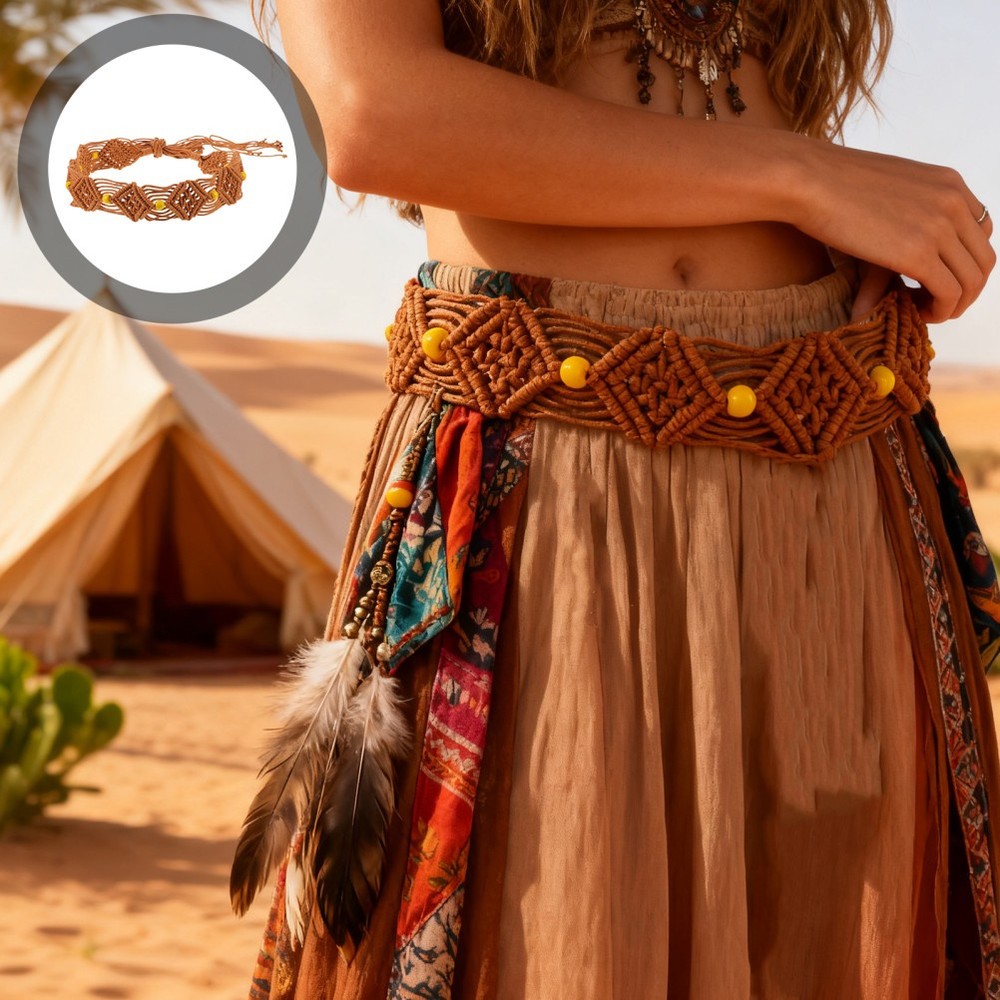 Bohemian Braided Belt Women - Boho Hand-Woven Rope Waist Belt - Retro Macrame