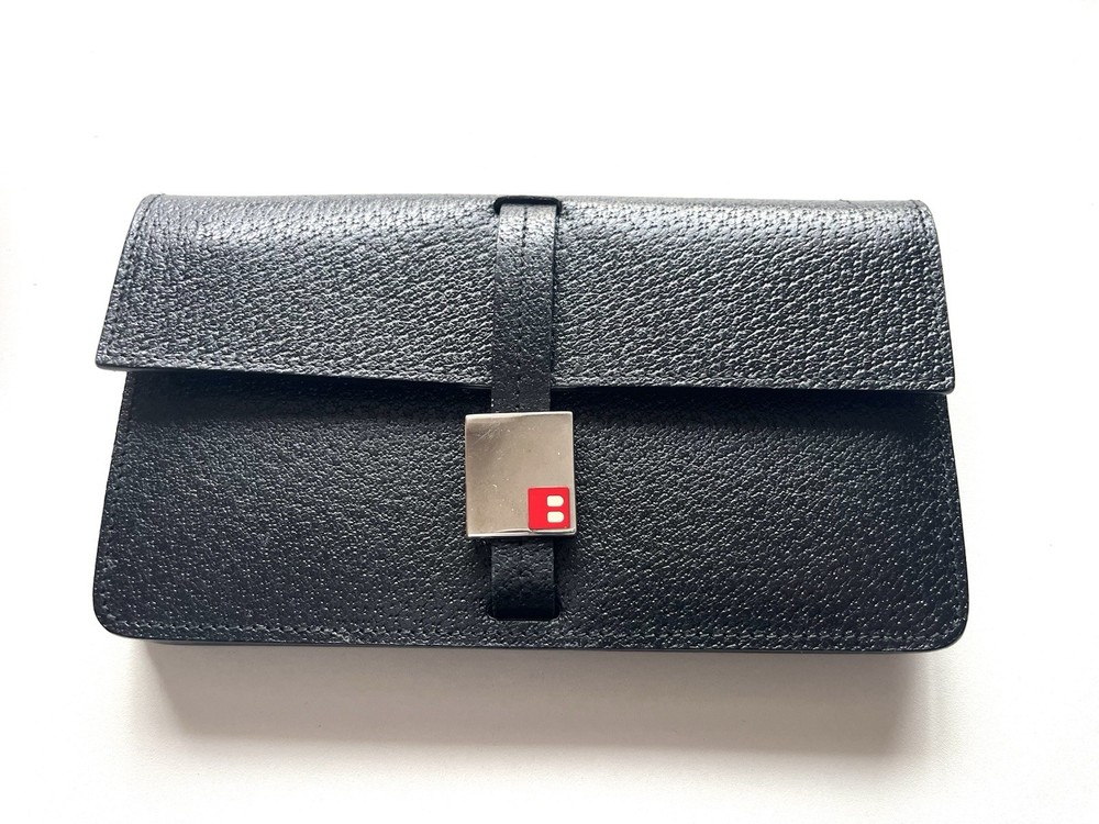 BALLY Black Leather Long Wallet Snap Closure Card Holder Zip Pocket