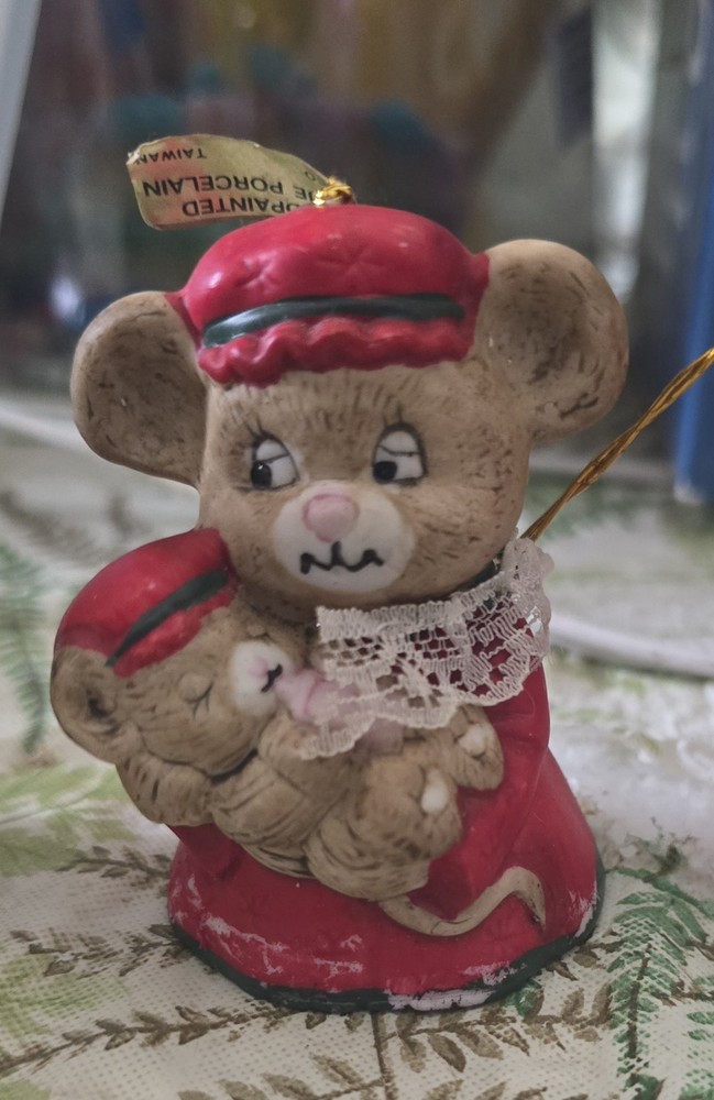 Vintage Lil Chimer Fine Biscuit Porcelain Handpainted Bell Ornaments with Bears and Mouse