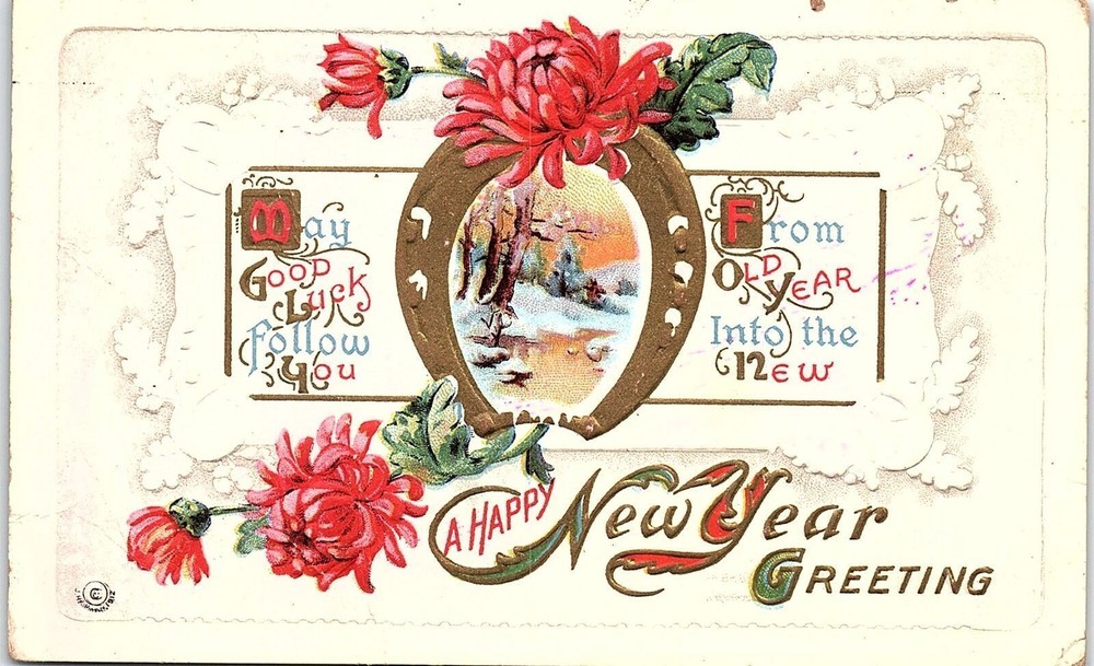 c1910 HAPPY NEW YEAR GREETING GOOD LUCK HORSESHOE EMBOSSED POSTCARD 42-316-image