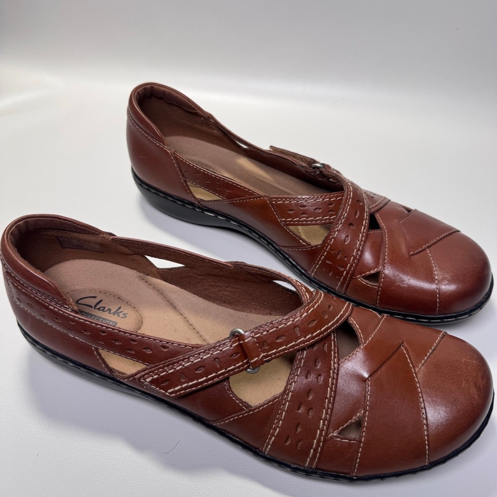 Clarks Ashland Spin Q Leather Boho Slip On Strappy Comfort Shoes US 10N Tan New