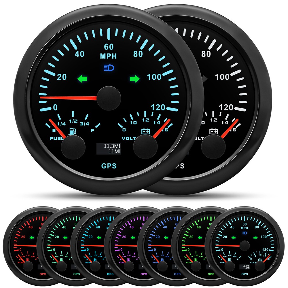 85MM 3-in-1 GPS Speedometer with 120MPH, Fuel Gauge & Voltage Meter in 7 LED Colors