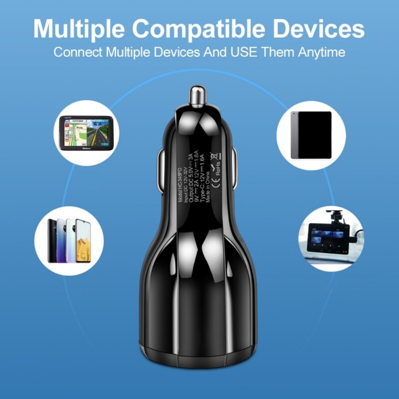 30W Fast Car Charger Adapter with QC3.0 USB PD Type C Port