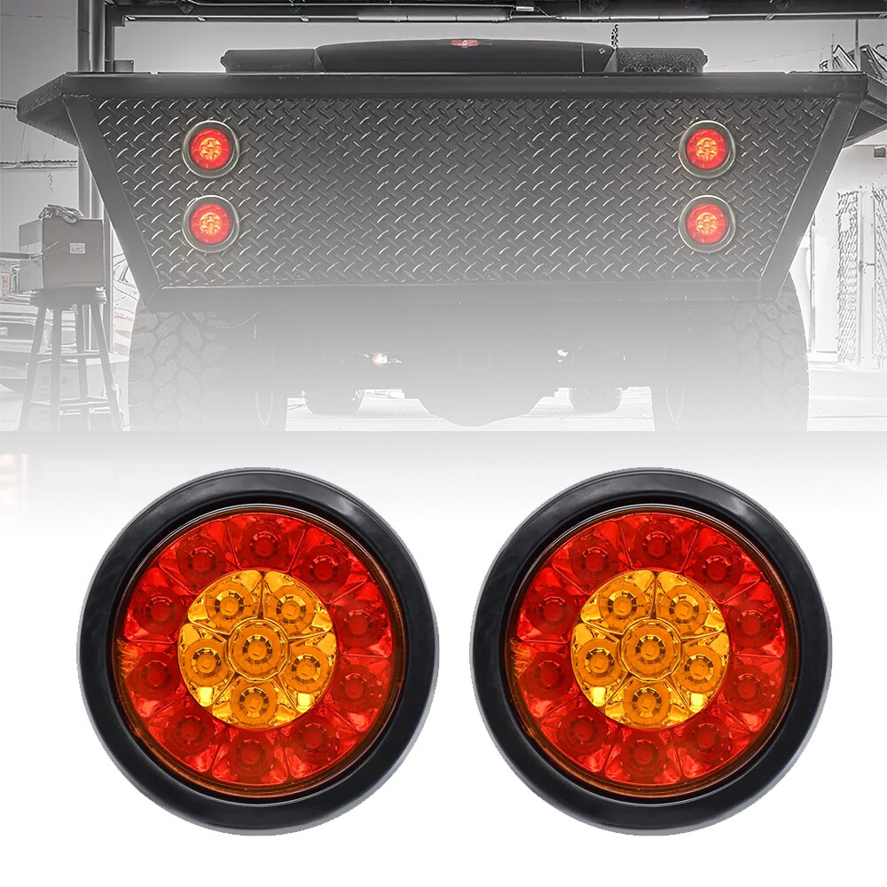 2x 4Inch Round Red/Amber 16 LED Truck Trailer Brake Stop Turn Signal Tail Lights