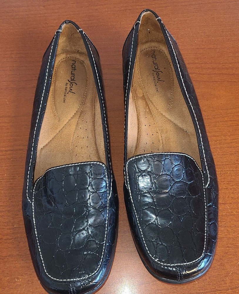 Natural Soul Fanna Womens Black Croc Print Slip On Loafers Size 10M