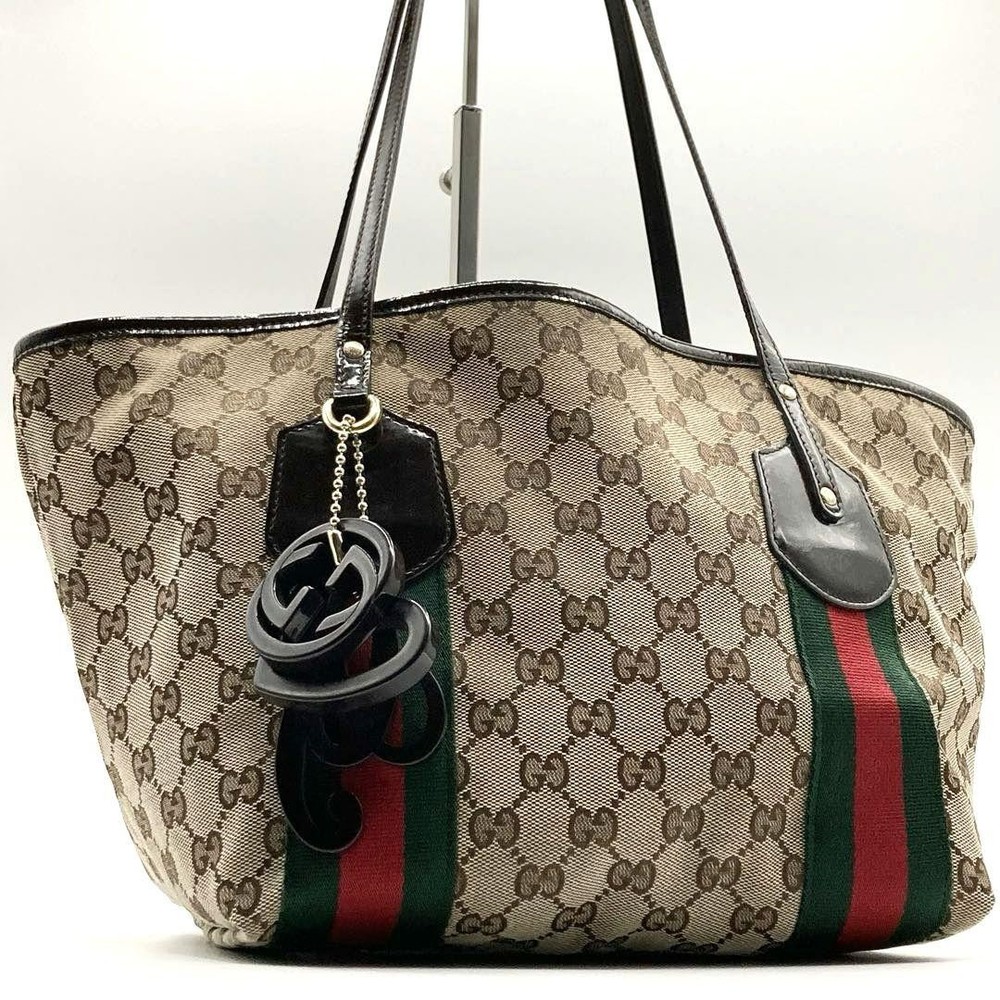 Gucci Sherry Line Tote Bag with Charm Canvas and Patent Shoulder Strap