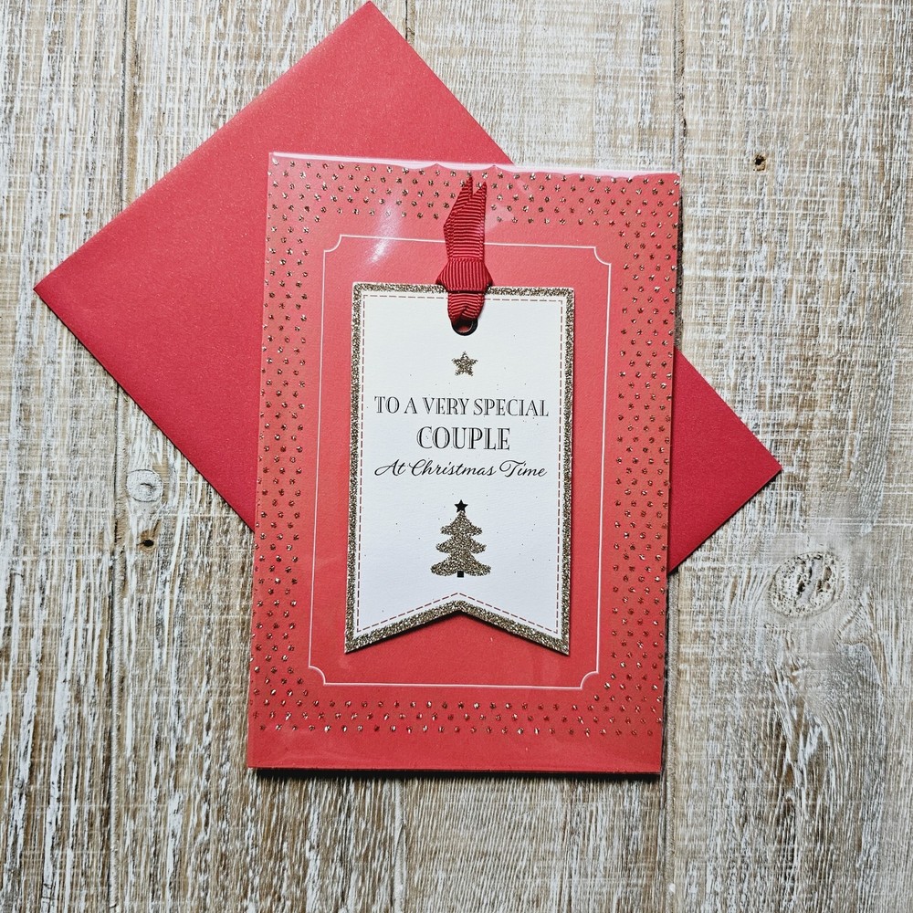 Elegant Red & Gold Glitter Ribbon Christmas Card for Couples - Hallmark Style