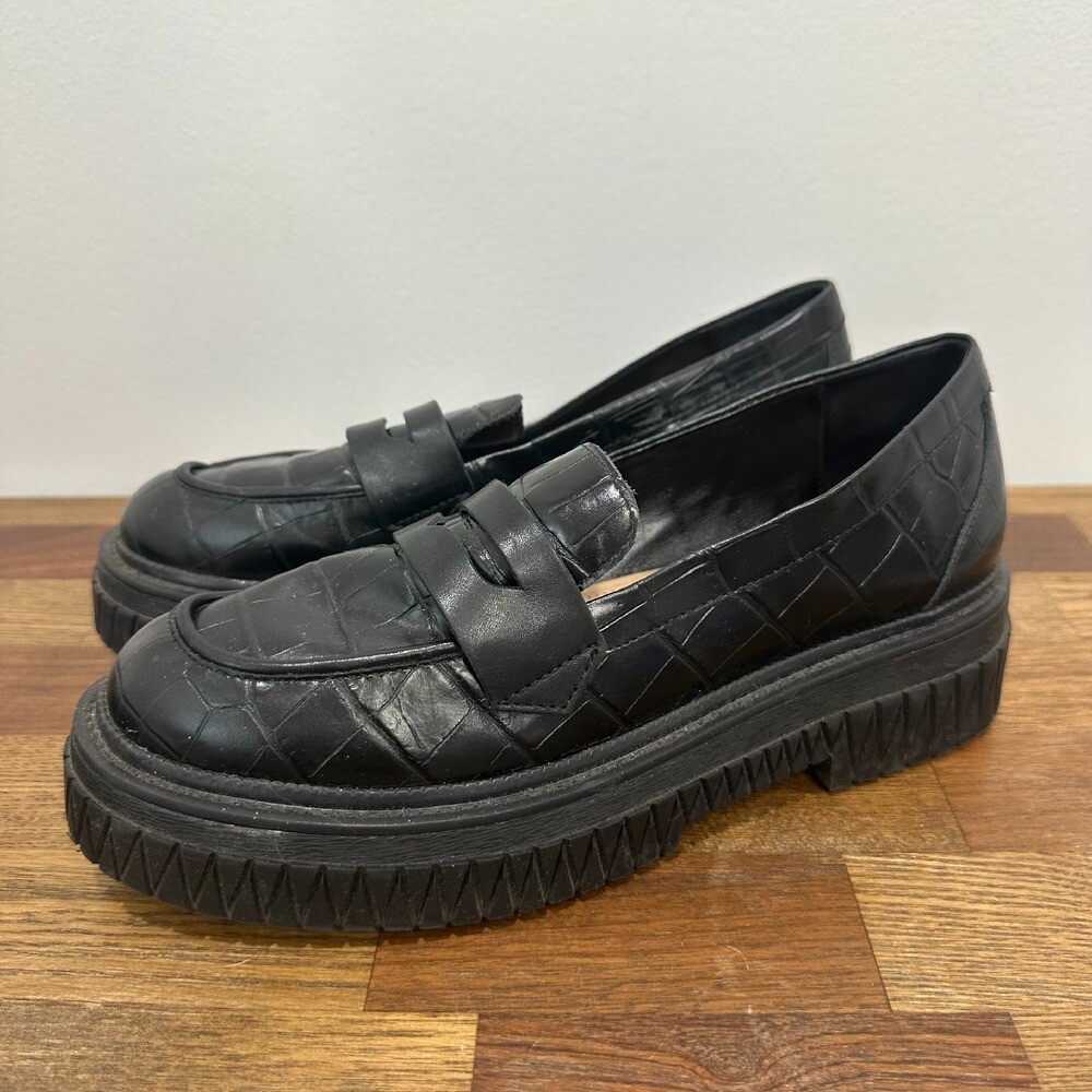 SCHUTZ Womens Platform Loafers 8.5 Black Croc Grunge Lug Academia Shoe