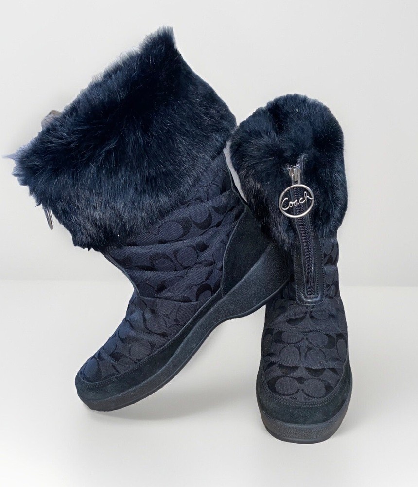 Y2K COACH Black Signature Monogram Suede Snow Boots w/Rabbit Fur Trim | 10 Women