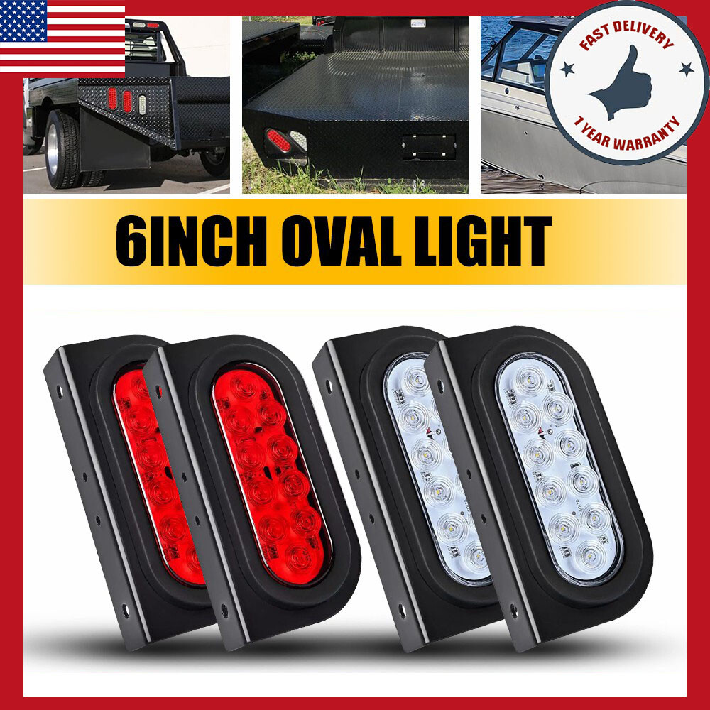 4PCS 6-Inch Oval Waterproof Trailer Lights with Mounting Bracket in White and Red