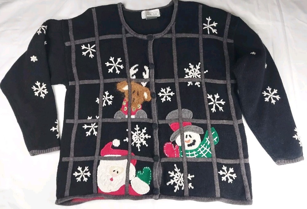 Womens XL Vtg Embellished Christmas Sweater Cardigan Santa Reindeer  Mandal Bay