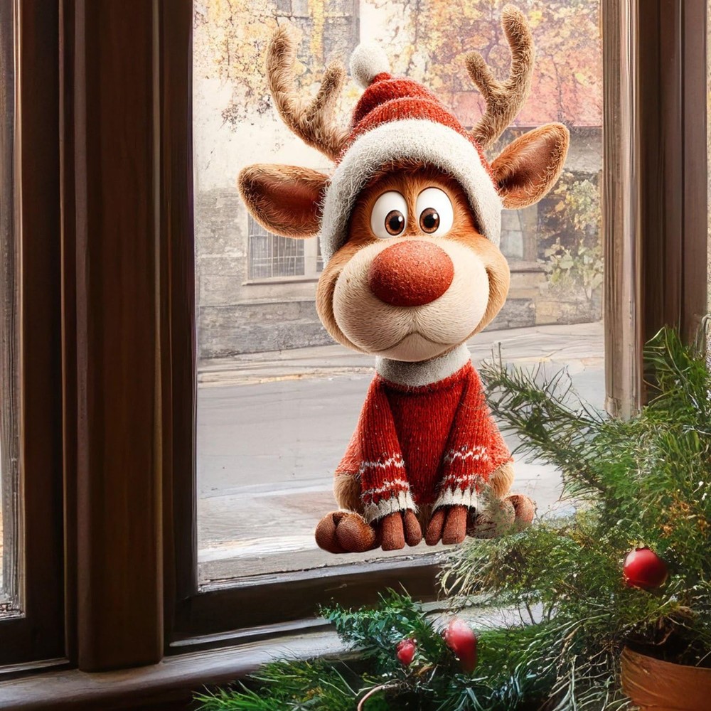 Christmas Reindeer Window Clings 1 Xmas Elk Window Stickers with Sweater Wint...