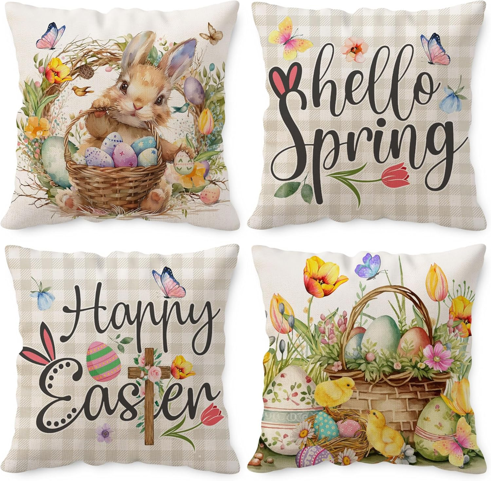 Set of 4 Bunny and Egg Easter Pillow Covers 18X18 Throw Decor