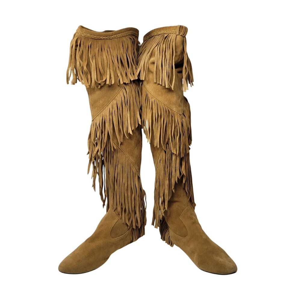 Sam Edelman Womens Tan Suede Leather Fringe Over-The-Knee Boots 9.5 Festival