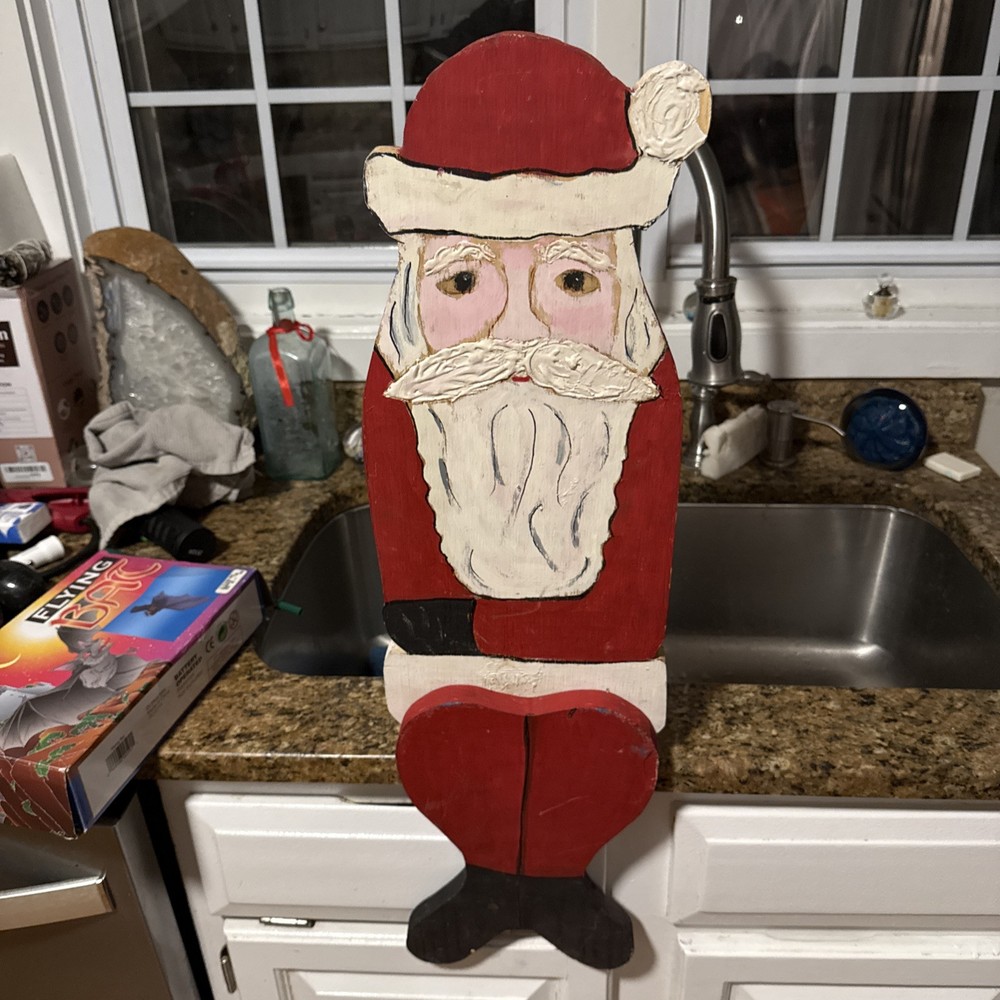 1990 Hand Made Folk Art Primitive Wooden Christmas Santa Claus Figure 29” Tall