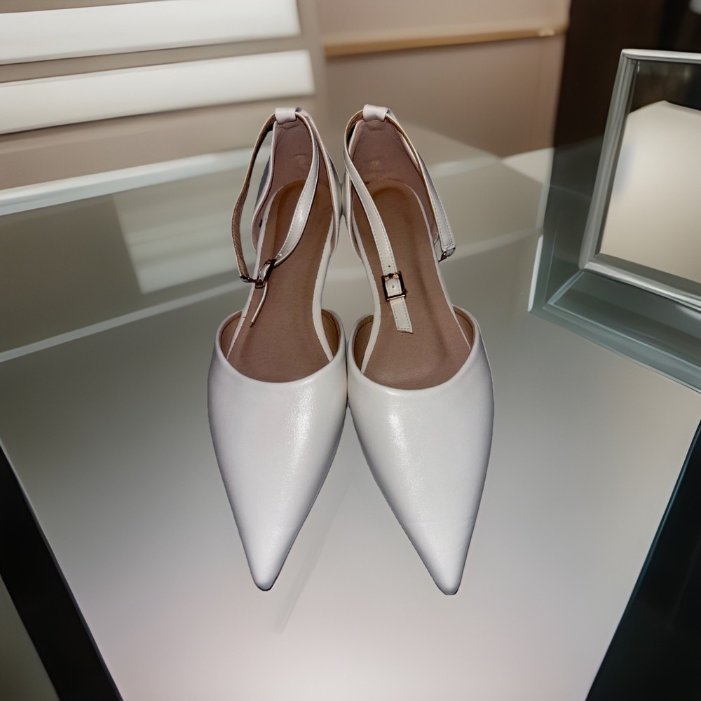 Women's White Pointed Toe Ankle Strap Flats Buckle Closure Synthetic