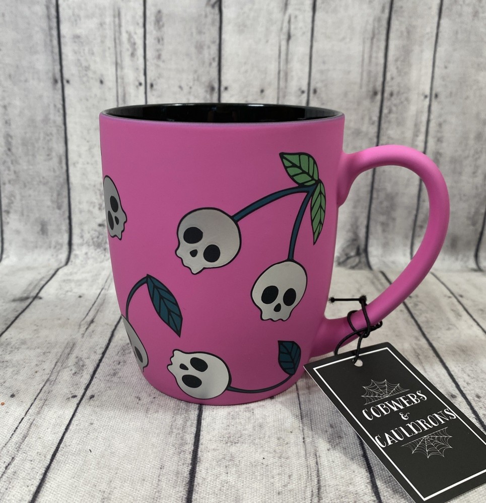 COBWEBS & CAULDRONS HALLOWEEN SKULL CHERRIES - PINK SOFT TOUCH MUG -NWT!