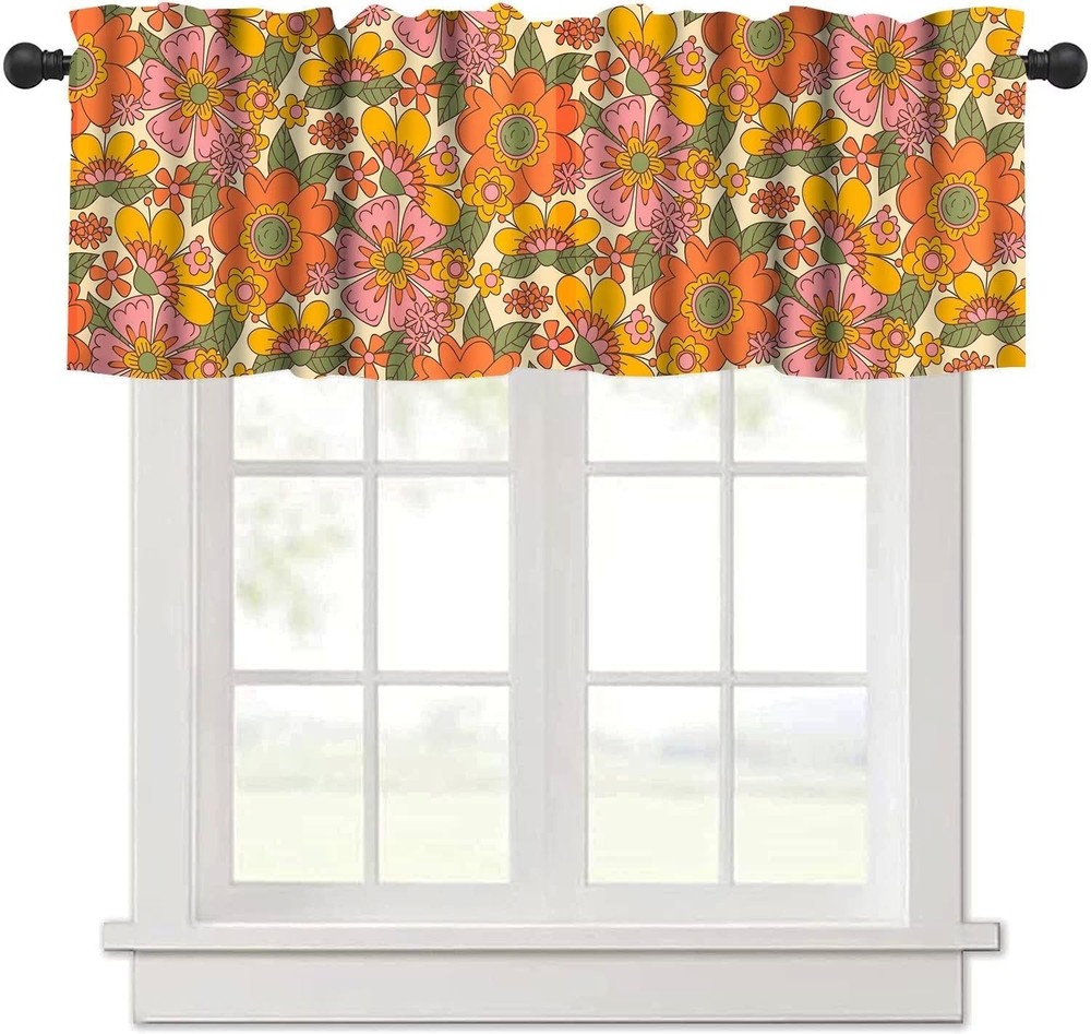 Retro 70s Floral Valance Curtains for Small Kitchen Windows Rod Pocket Window...