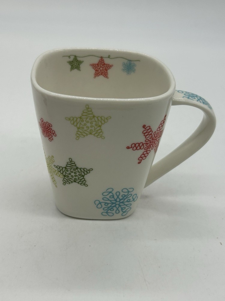 Starbucks Holiday Stars Snowflakes Coffee Mug Red/Green/Blue 10 Oz Square - 2005