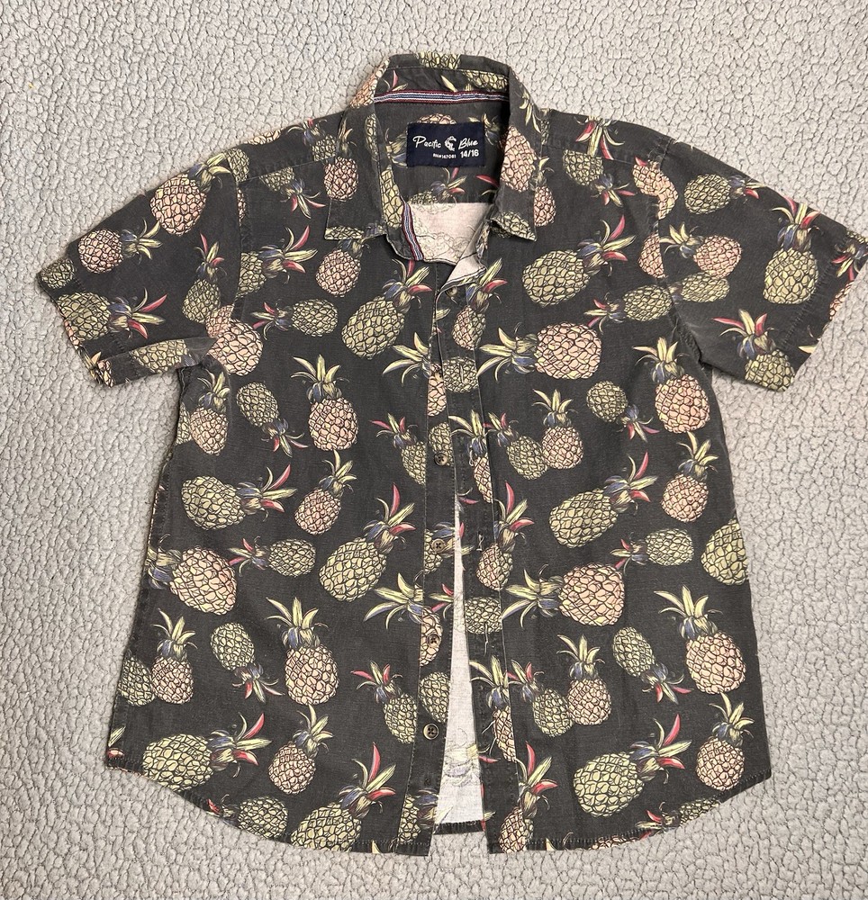 Pacific Blue Button Up Short Sleeve Shirt With Pineapples Boys Size 14/16