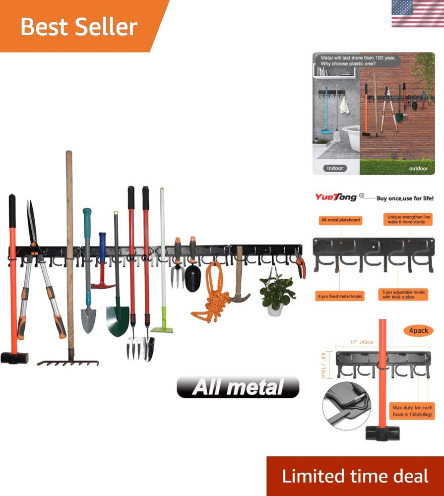 68-Inch Wall Mount Metal Tool Organizer with Hooks for Garage and Garden Storage
