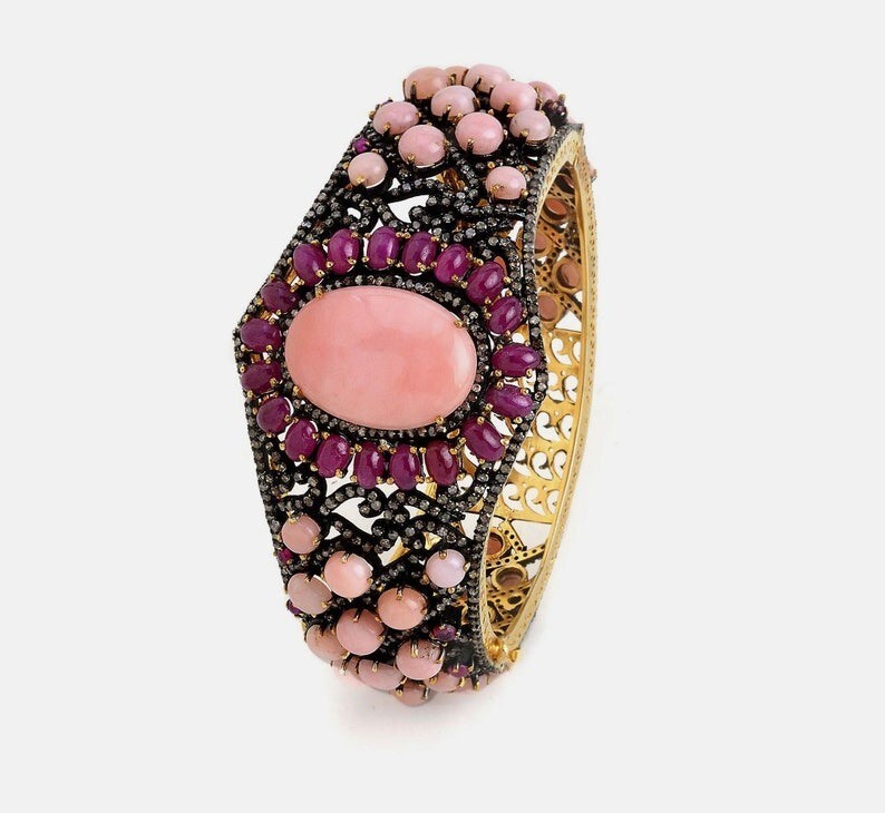Natural Rosecut Diamond Pink Opal 925 Sterling Silver Wedding Bangle Jewelry