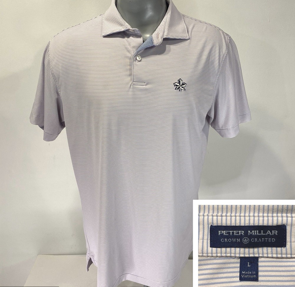 PETER MILLAR Crown Crafted L Large Polo Golf Blue Pink Shirt Striped w/ Logo