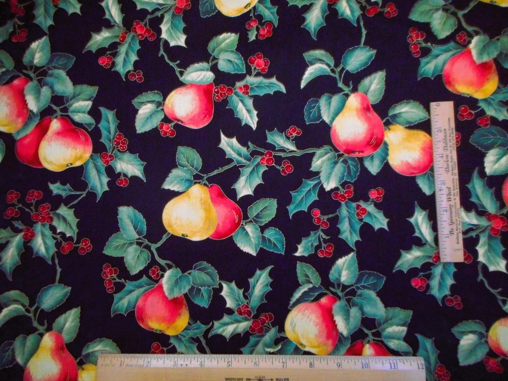 Christmas Fabric By Yard Holly Berries Pears Metallic Gold Black Cotton Vtg #34