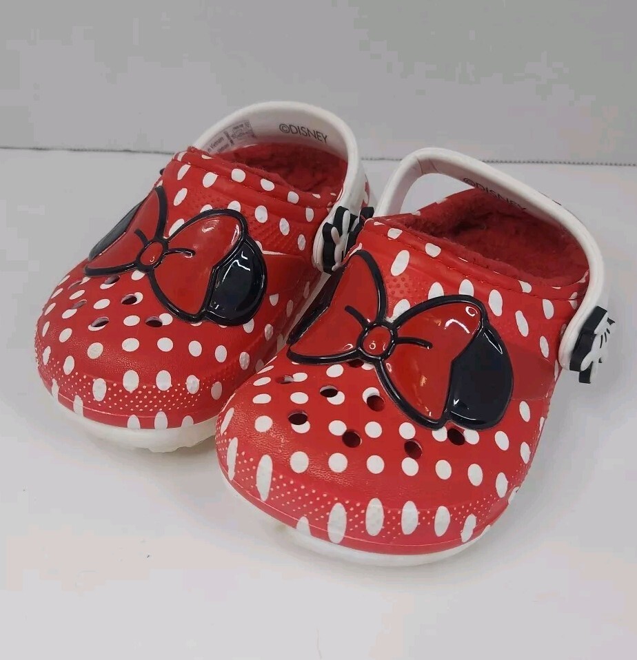 Crocs & Disney Shoes Girls 6 Toddler Lined Clogs Minnie Mouse Faux Fur Polka-dot