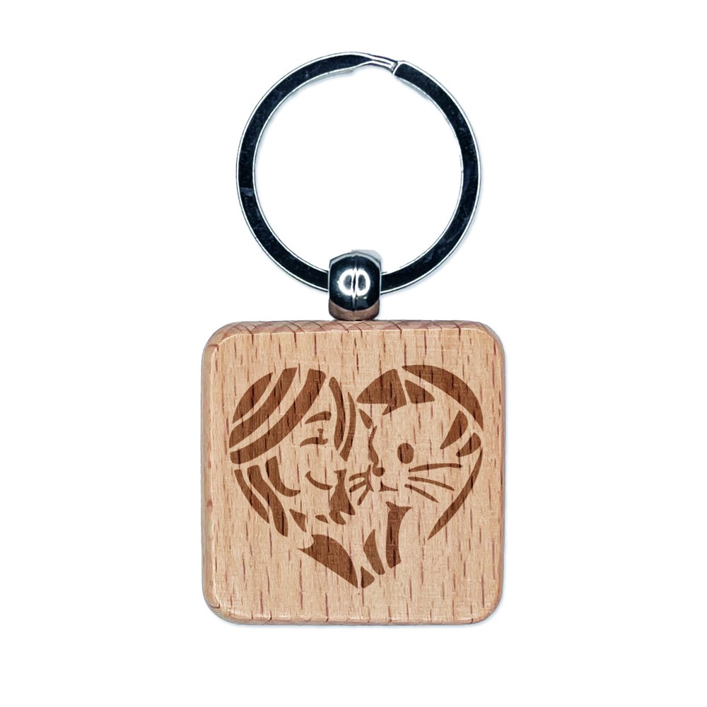 Woman with Cat Kitten Pet in Heart Engraved Wood Square Keychain Tag Charm