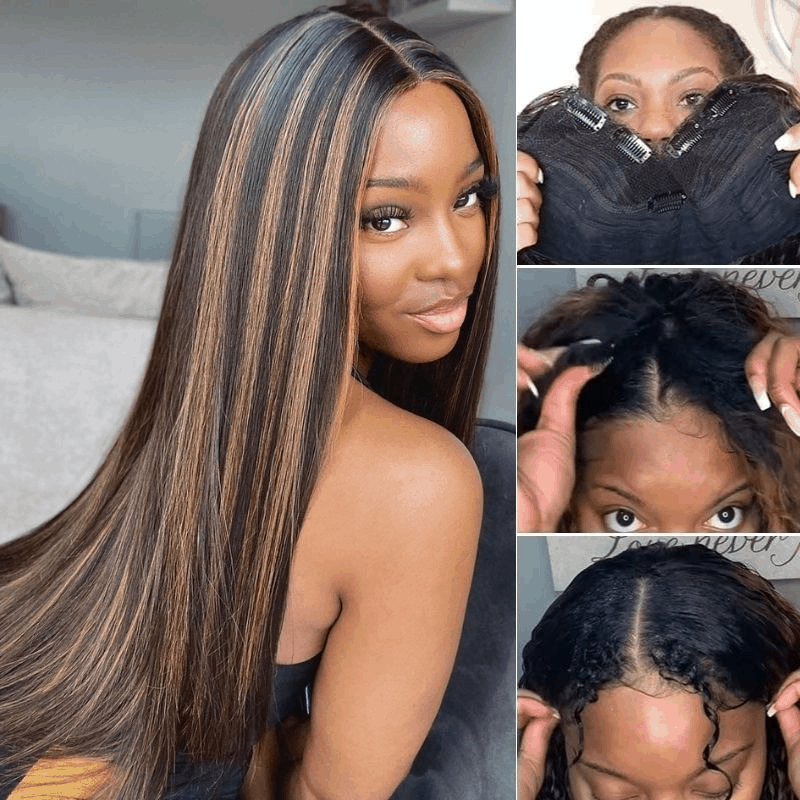 Highlight Balayage Straight V Part Wig Glueless Human Hair FB30 Colored Wigs For Beginners