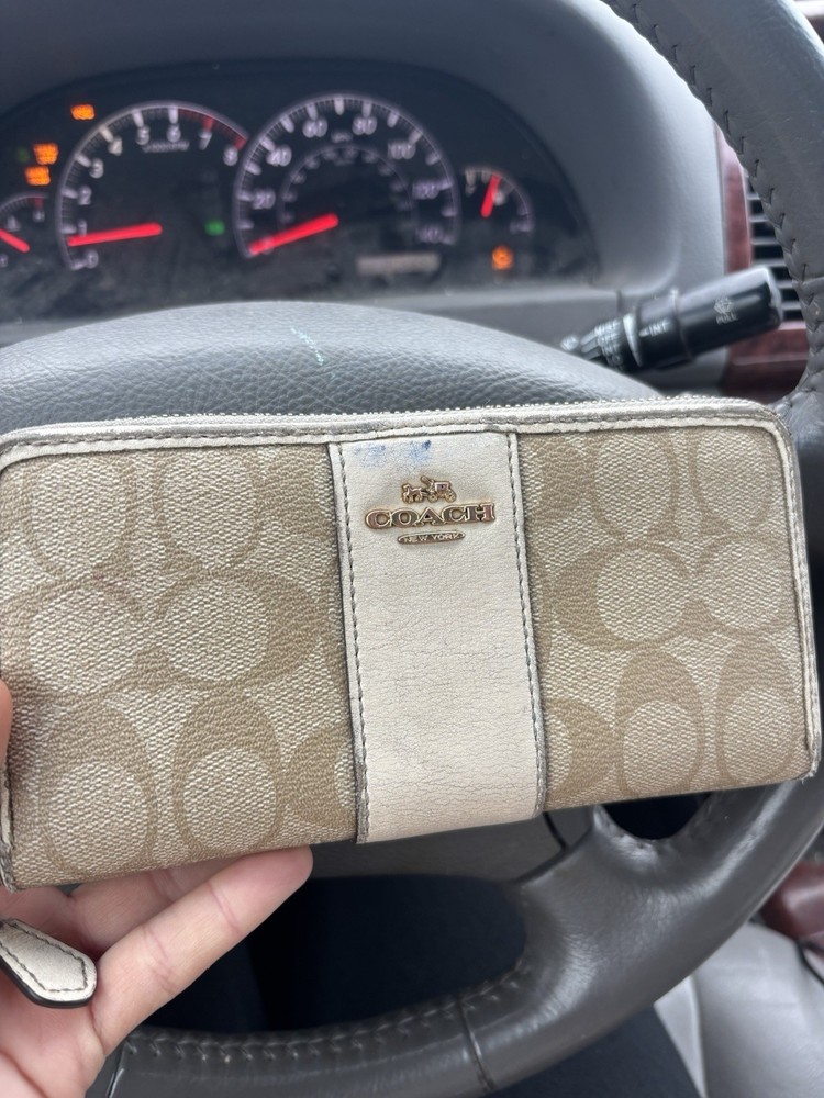 Coach Signature Wallet. Beige And Gold. There Is A Small Mark On The Front.
