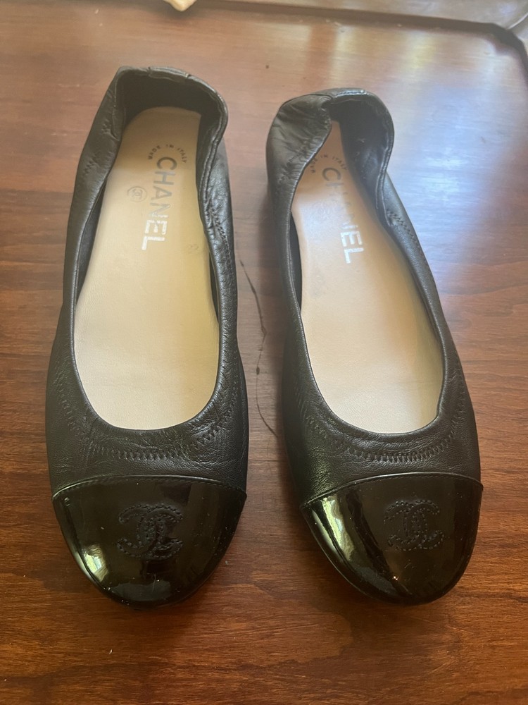 Chanel ballet flats black leather size 37