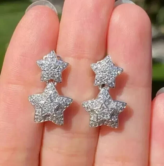 2.00Ct Round Cut Real Moissanite Star Drop-Dangle Earring 14K White Gold Plated