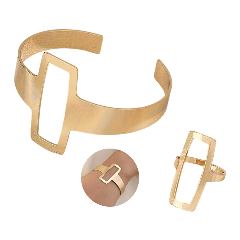 Minimalist Geometric Square Jewelry Hollowed Out Ring Bracelet Set Jewelry Gift