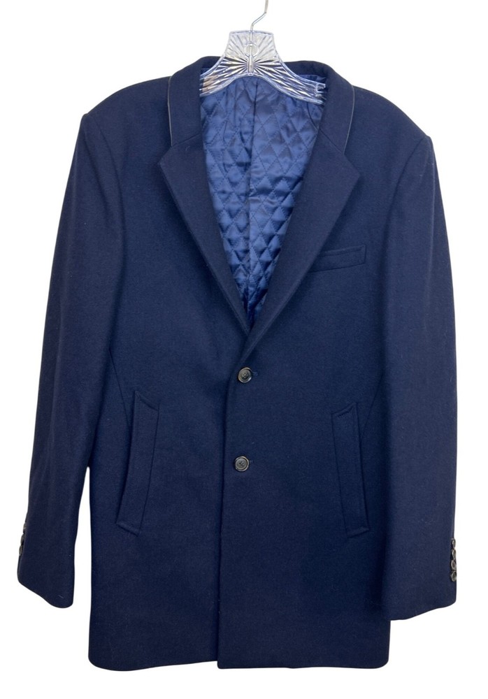 Trugen Men's S Single Breasted Top Coat Navy Wool Blend Classic Overcoat