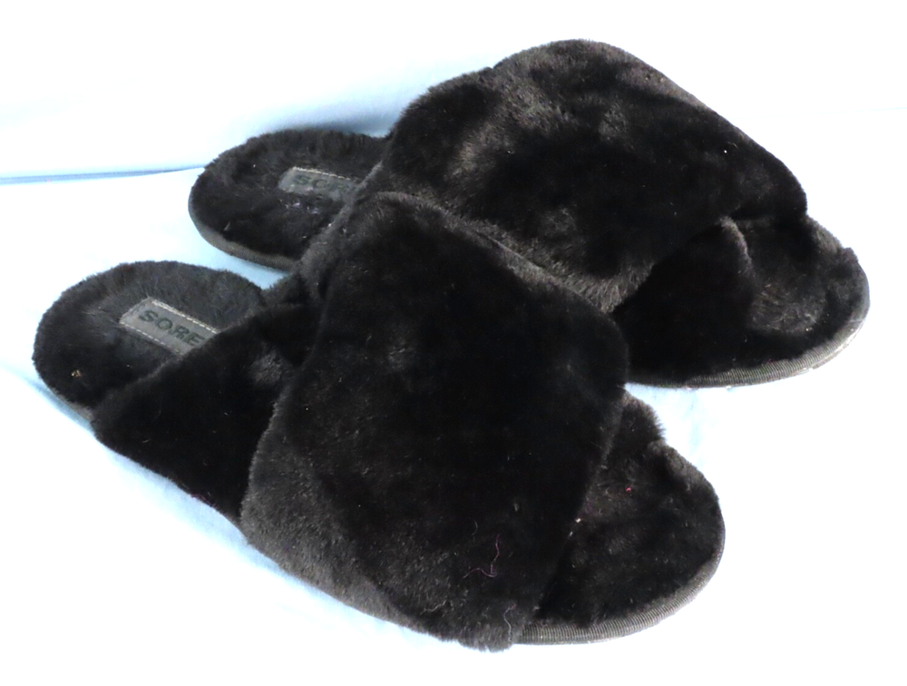 SOREL Black Faux Fur PLUSH SLIPPER SHOES Go Mail Run SLIDES Fuzzy Comfy SZ 9
