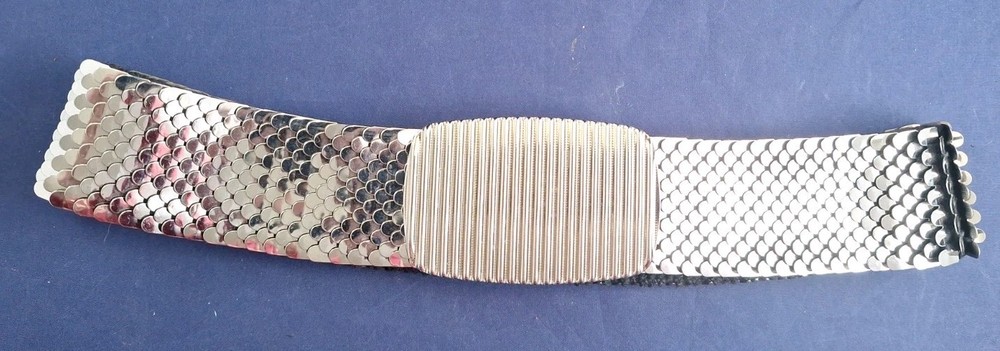 Vtg Stretch Belt Silver Tone Layered French Waist Buckle Boho 90's Small? *7FB