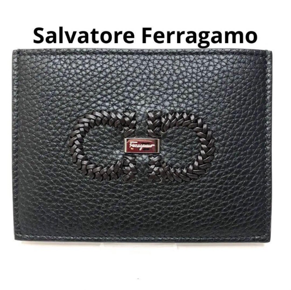 Ferragamo Gancini Black Leather Card Case Business Style Unused Mint Fast Shipping